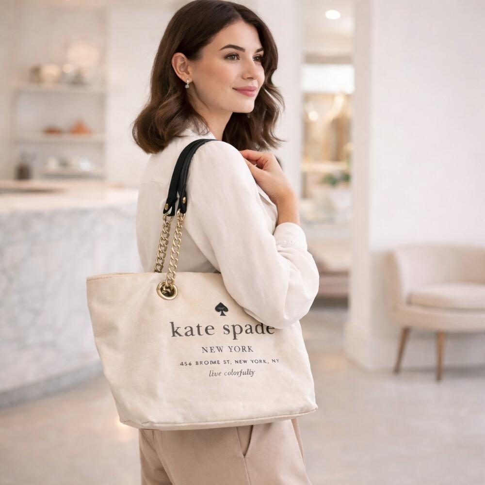 Kate Spade Broome Street Logo Canvas Shoulder Bag Chain Strap Rare Everyday Tote